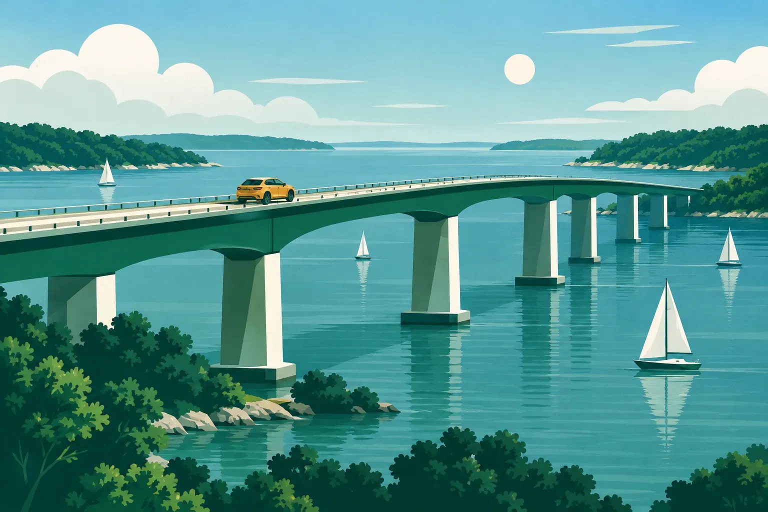 A bridge over a wide bay with sailboats, a typical landscape of Maryland