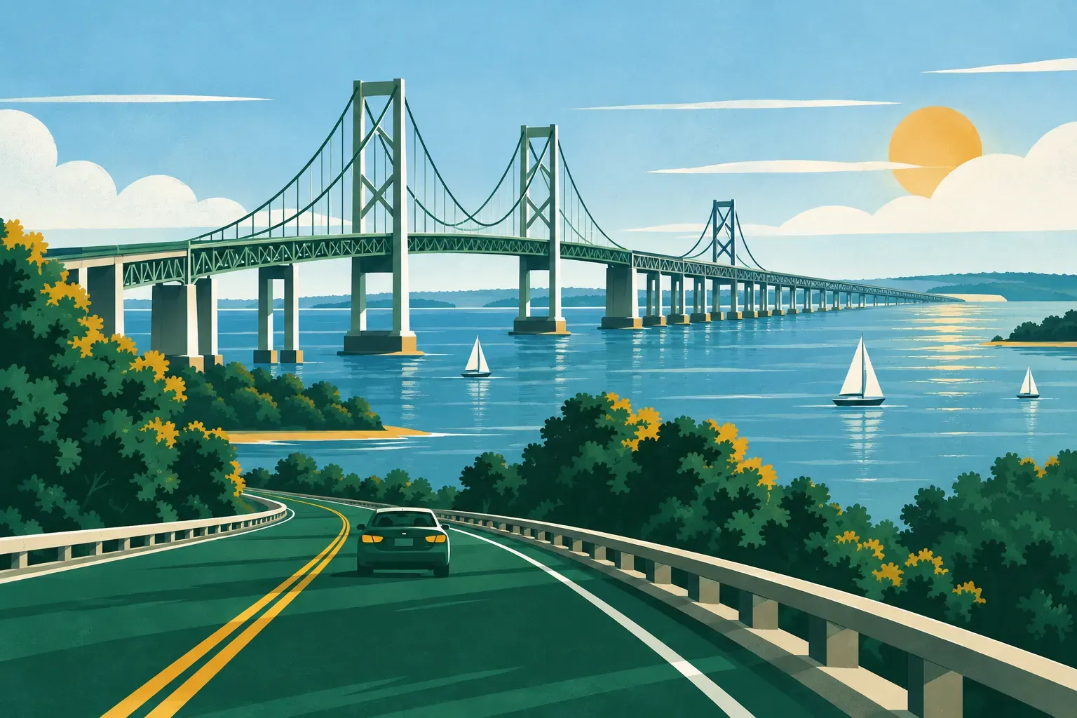 The long Chesapeake Bay Bridge crossing the bay with sailboats, in Maryland